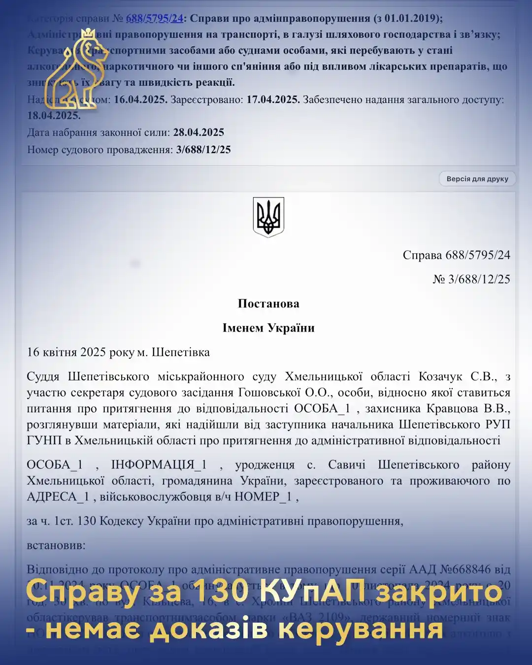 spravu za 130 kupap zakryto nemaie dokaziv keruvannia